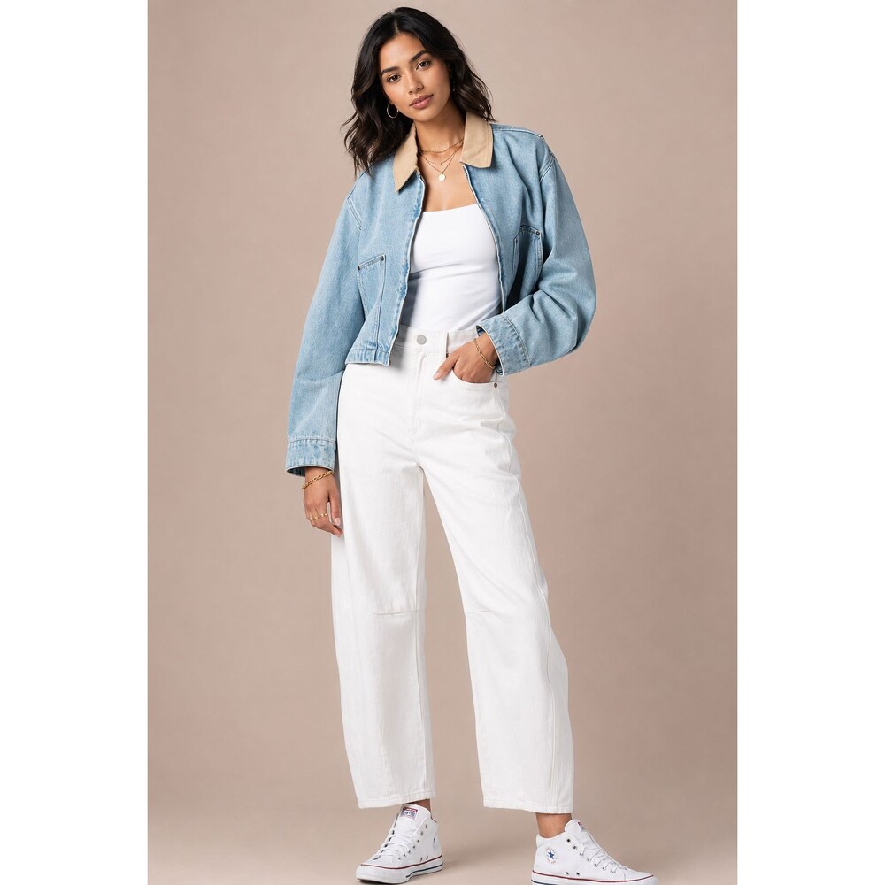 ANTHROPOLOGIE BLANKNYC New Women's MEDIUM Crop Denim Chore Jean Jacket Contrast